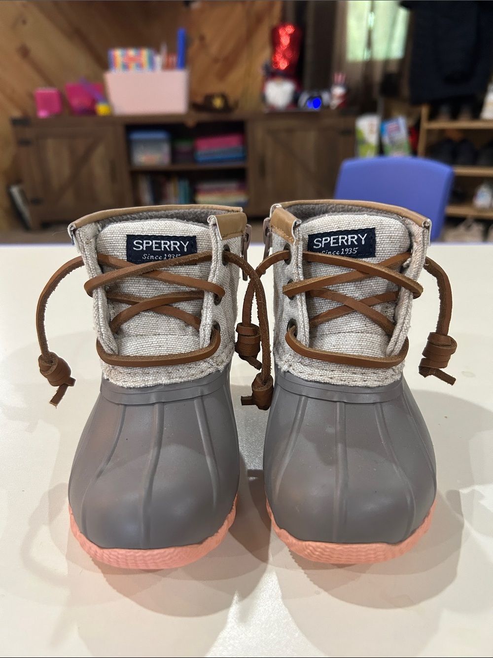 Sperry Kids Gray Duck Boots with Pink Soles